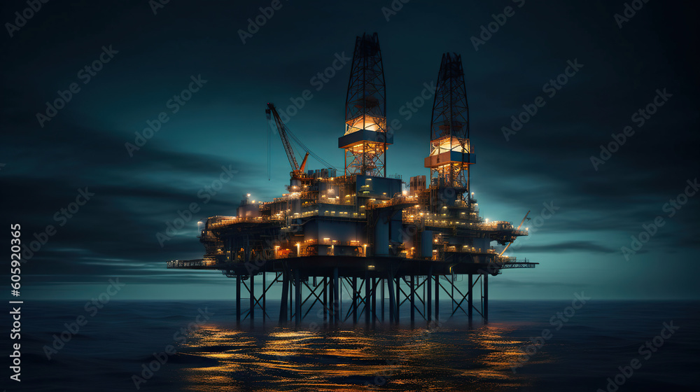 An oil platform on the calm sea, realistic, cinematic, with lights, Generative AI