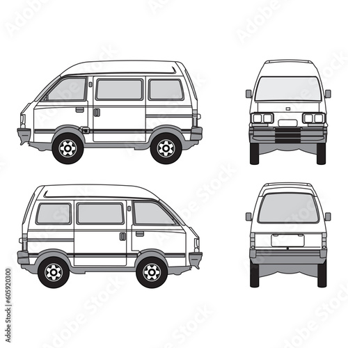 van outline, vintage 1992, isolated white background, front, back, top and side view