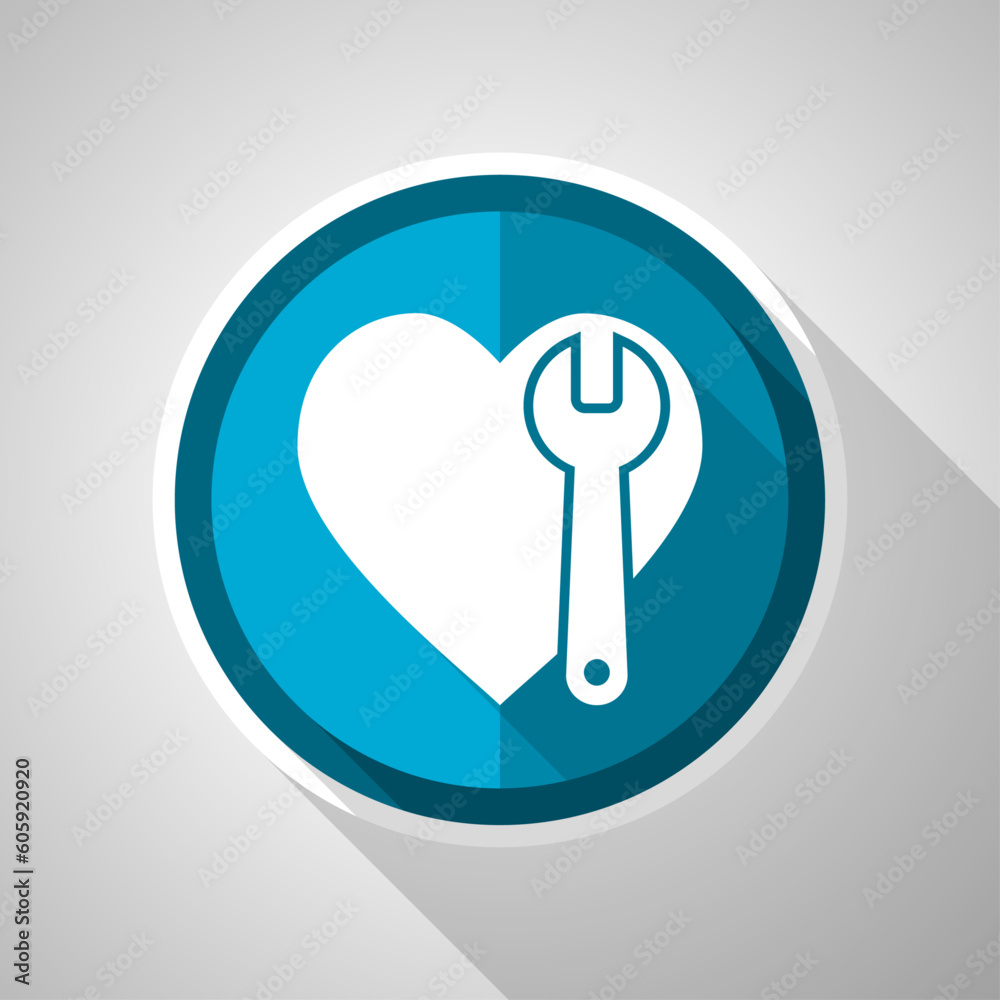 Wrench and heart symbol, flat design vector blue icon with long shadow Wrench and heart symbol, flat design vector blue icon with long shadow