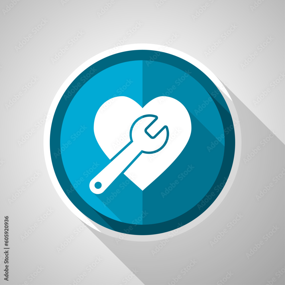 Wrench and heart symbol, flat design vector blue icon with long shadow Wrench and heart symbol, flat design vector blue icon with long shadow