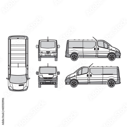 minibus car outline, vintage 2001 year, isolated white background, front, back, top and side view, part 7.