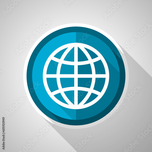 World, globe symbol, flat design vector blue icon with long shadow