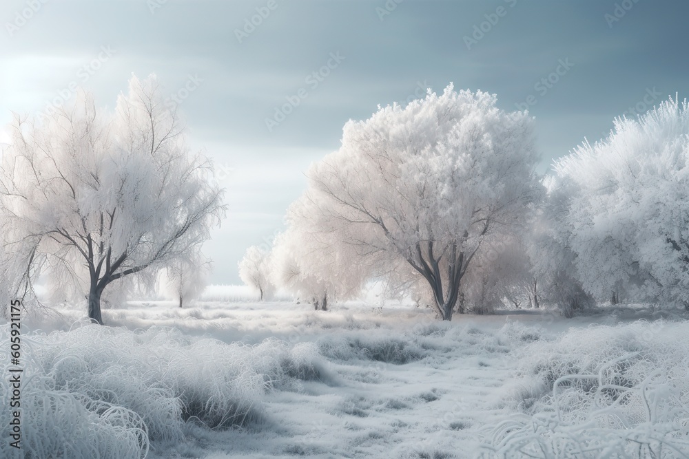 snow covered with tree . Generative AI snow covered with tree . Generative AI