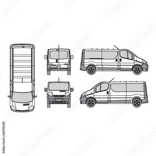 minibus car outline, vintage 2001 year, isolated white background, front, back, top and side view, part 4