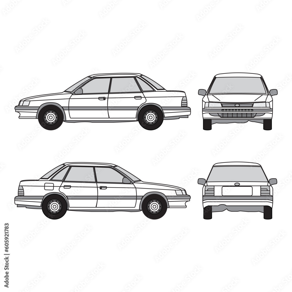 car outline, vintage 1993, isolated white background, front, back, top and side view, part 2