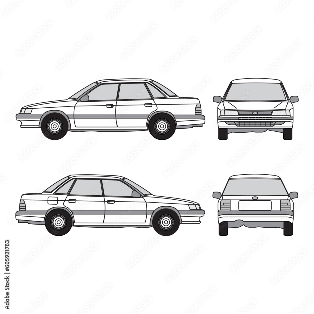 Fototapeta premium car outline, vintage 1993, isolated white background, front, back, top and side view, part 2
