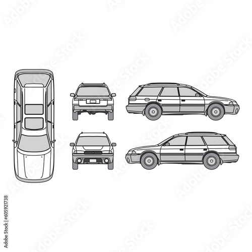 car outline, vintage 1996, isolated white background, front, back, top and side view