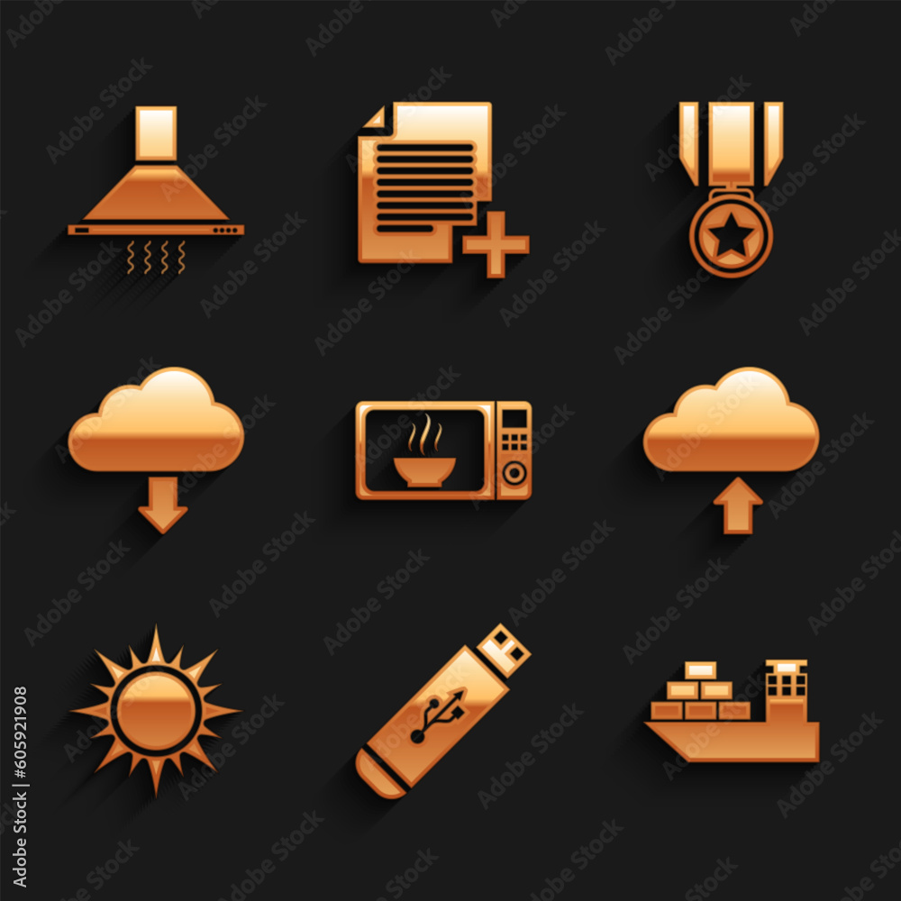 Set Microwave oven, USB flash drive, Cargo ship, Cloud upload, Sun and download icon. Vector Set Microwave oven, USB flash drive, Cargo ship, Cloud upload, Sun and download icon. Vector