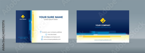 Set of double sided business card templates with random horizontal stacked transparent white bars on white blue background