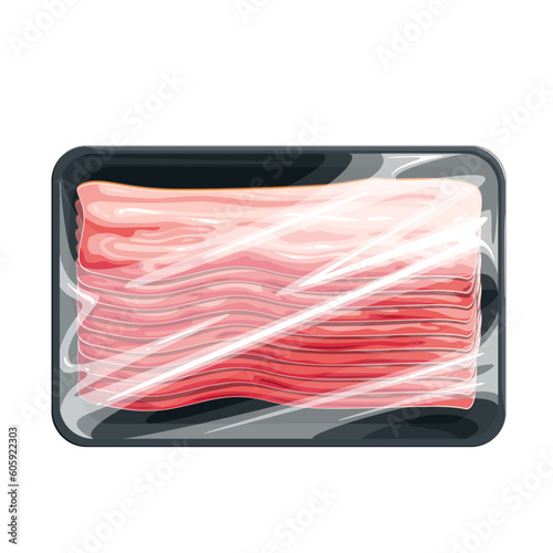 Meat slices in plastic tray vector illustration. Cartoon isolated styrofoam packaging with beef, pork or lamb pieces, fresh food ingredient and meat product in vacuum container for storage and cooking