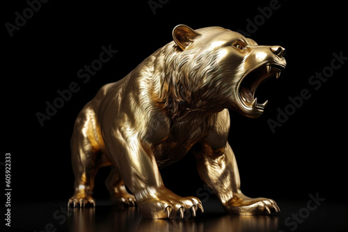 Golden statue of bear on black background. Digitally generated AI image