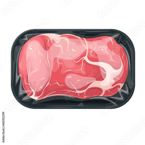 Beef meat in supermarket styrofoam package vector illustration. Cartoon isolated red raw organic meat section in plastic tray wrap in clear cellophane, farm natural protein product in polystyrene pack