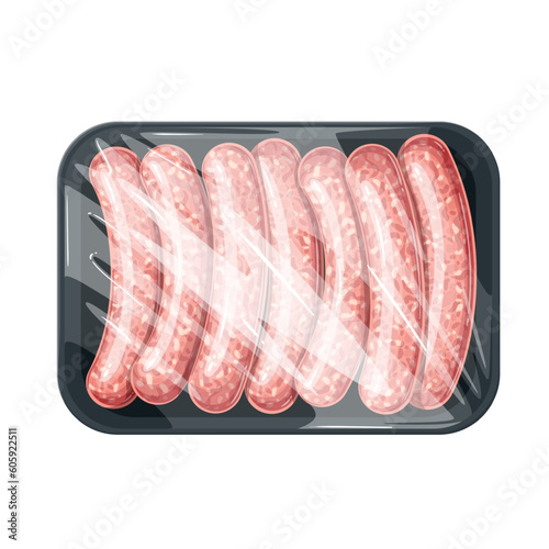 Meat sausage in supermarket styrofoam package vector illustration. Cartoon isolated fresh raw or frozen frankfurter portions in plastic tray wrapped in polyethylene, sausage pack from supermarket menu