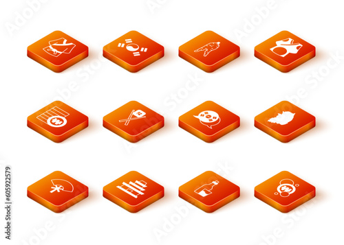 Set Traditional fan, Korean temple, South won coin, Sushi with chopsticks, Soju bottle, flag, and map icon. Vector