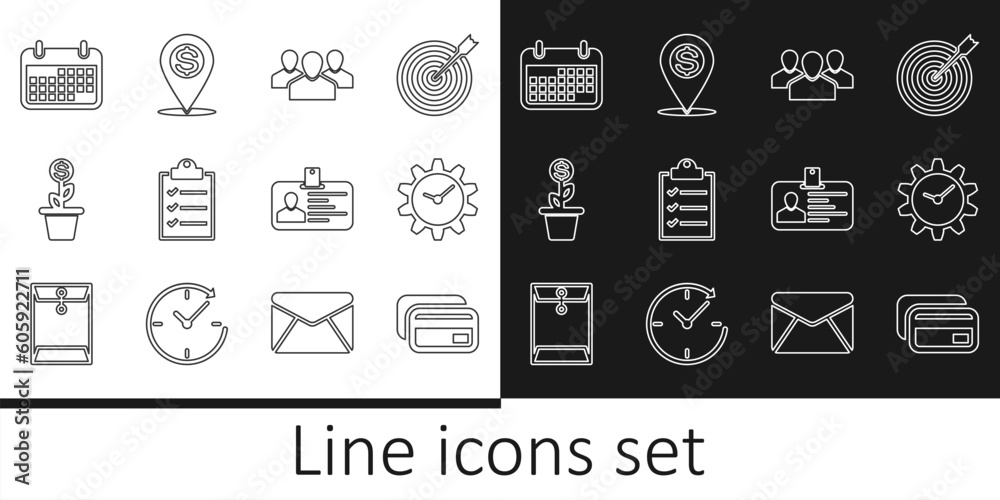 Set line Credit card, Time Management, Users group, Clipboard with checklist, Dollar plant in the pot, Calendar, Identification badge and Cash location pin icon. Vector