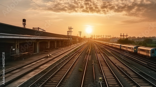 Sunset Departure, The Allure of a Railway Station with a Train Embracing the Twilight, Generative AI
