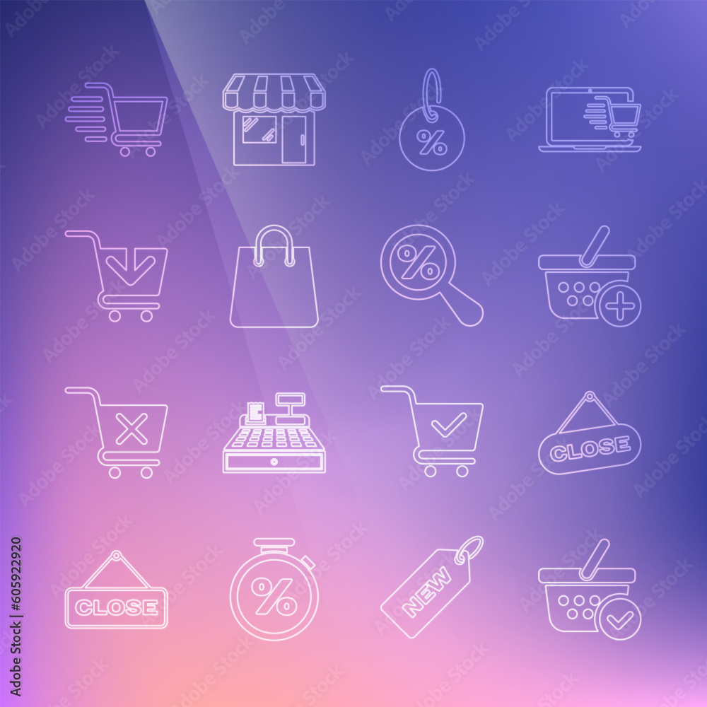 Set line Shopping basket with check mark, Hanging sign Close, Add to, Discount percent tag, Handbag, cart, and Magnifying glass icon. Vector