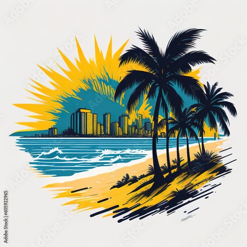 Illustration tropical beach sunset with palm trees and sea. 3D Vector. Nature landscape and seascape.