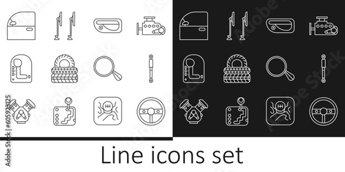 Set line Steering wheel, Shock absorber, Car door handle, tire, Gear shifter, mirror and Windscreen wiper icon. Vector