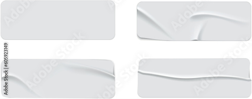 Blank adhesive stickers mock up with curved corner. Mockup empty rectangle sticky label.
