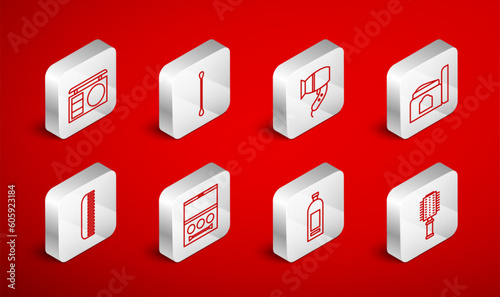 Set line Hairbrush, Cotton swab for ears, dryer, Cream cosmetic tube, Bottle of shampoo, Eye shadow palette, and icon. Vector