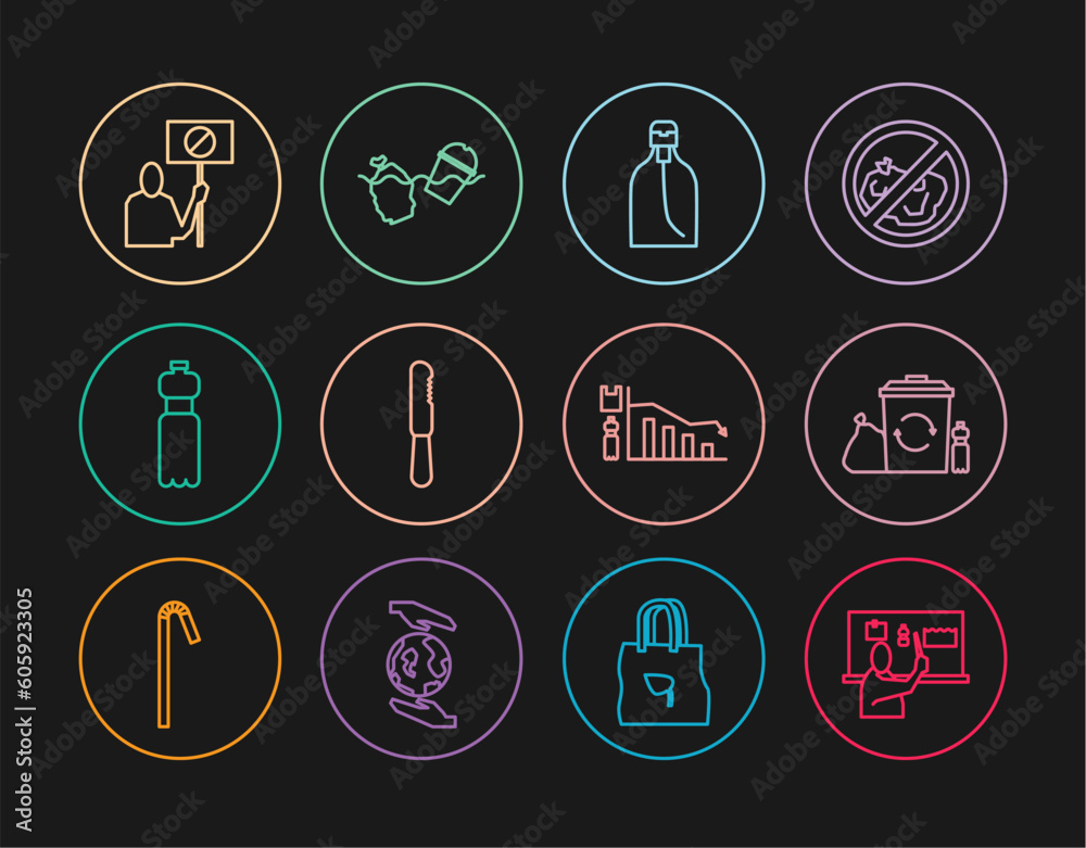 Set line Stop plastic pollution, Recycle bin with recycle, Bottle of liquid soap, Disposable knife, water, Nature saving protest, Ecology infographic and Problem the ocean icon. Vector Set line Stop plastic pollution, Recycle bin with recycle, Bottle of liquid soap, Disposable knife, water, Nature saving protest, Ecology infographic and Problem the ocean icon. Vector