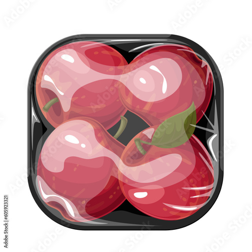 Red apples in plastic tray vector illustration. Cartoon isolated supermarket package with summer fruit and snack for eating, ripe apples inside styrofoam square container with polyethylene cover