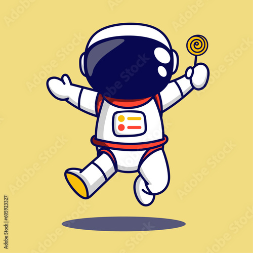 Cute astronaut jumping with lollipop cartoon character vector illustration.
