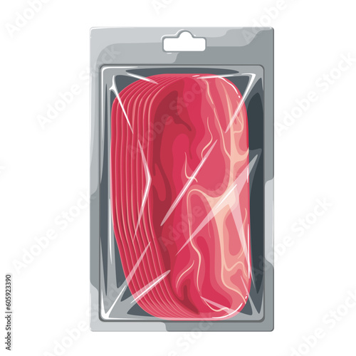 Ham slices in plastic tray vector illustration. Cartoon isolated pack of dry meat product from supermarket, butcher shop or market, grocery store, sliced delicatessen portions of ham in packaging