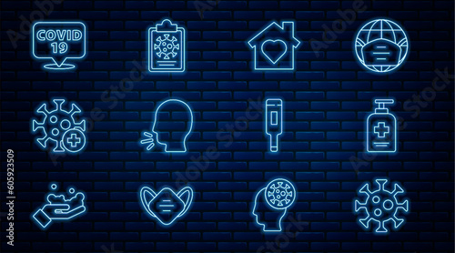 Set line Virus, Liquid antibacterial soap, House with heart inside, Man coughing, Positive virus, Corona on location, Medical thermometer and Clipboard blood test results icon. Vector