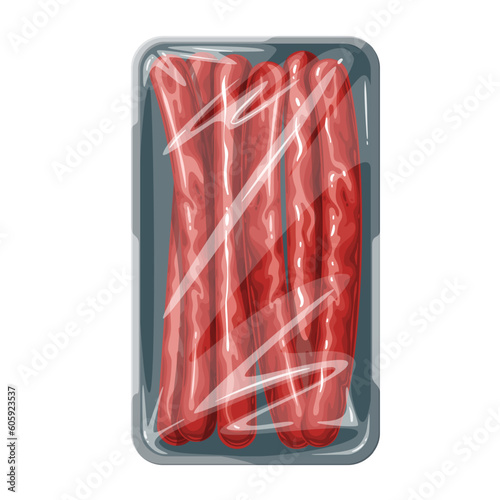 Kabanos sausages in plastic tray vector illustration. Cartoon isolated long, thin, dry smoked pork sausages in package with polythene wrapper, styrofoam supermarket box with delicatessen meat product