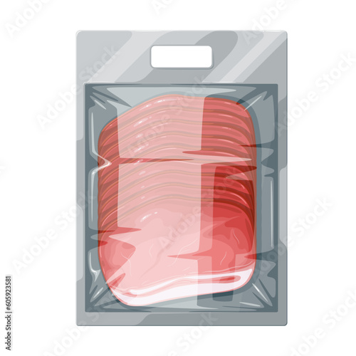 Smoked ham slices in plastic tray vector illustration. Cartoon isolated delicatessen pieces of pork ham with streaks of fat in butcher shop or supermarket package, food ingredient for sandwich