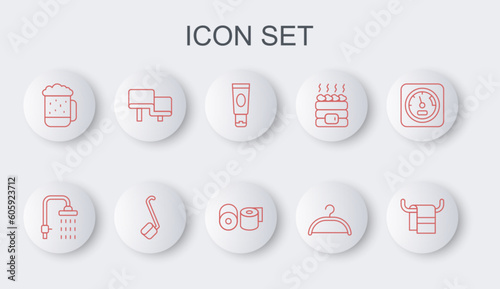 Set line Towel on a hanger, Shower, Cream or lotion cosmetic tube, Hanger wardrobe, Wooden beer mug, Sauna wood bench, ladle and Toilet paper roll icon. Vector