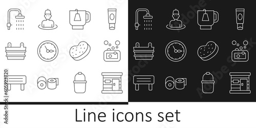 Set line Sauna wooden bathhouse, Bar of soap, Cup tea with tea bag, clock, bucket, Shower, Bath sponge and Man in the sauna icon. Vector