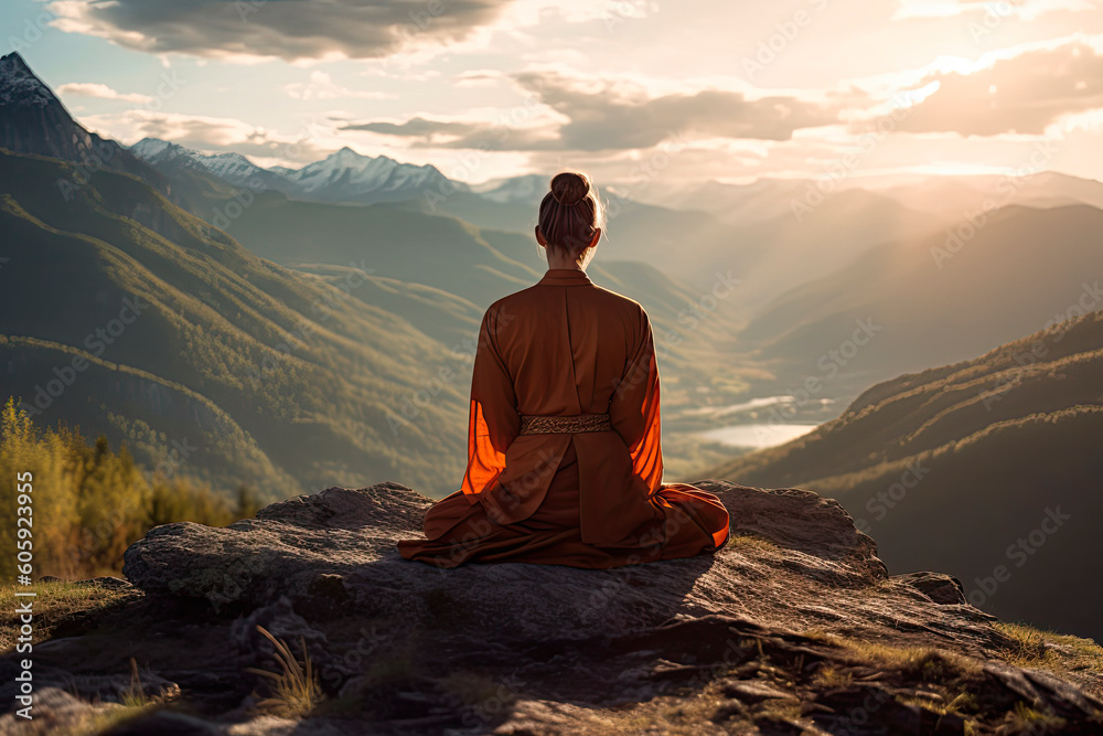 Man meditating mountains Travel Lifestyle relaxation emotional concept adventure summer vacations outdoor harmony with nature. Generative AI Man meditating mountains Travel Lifestyle relaxation emotional concept adventure summer vacations outdoor harmony with nature. Generative AI