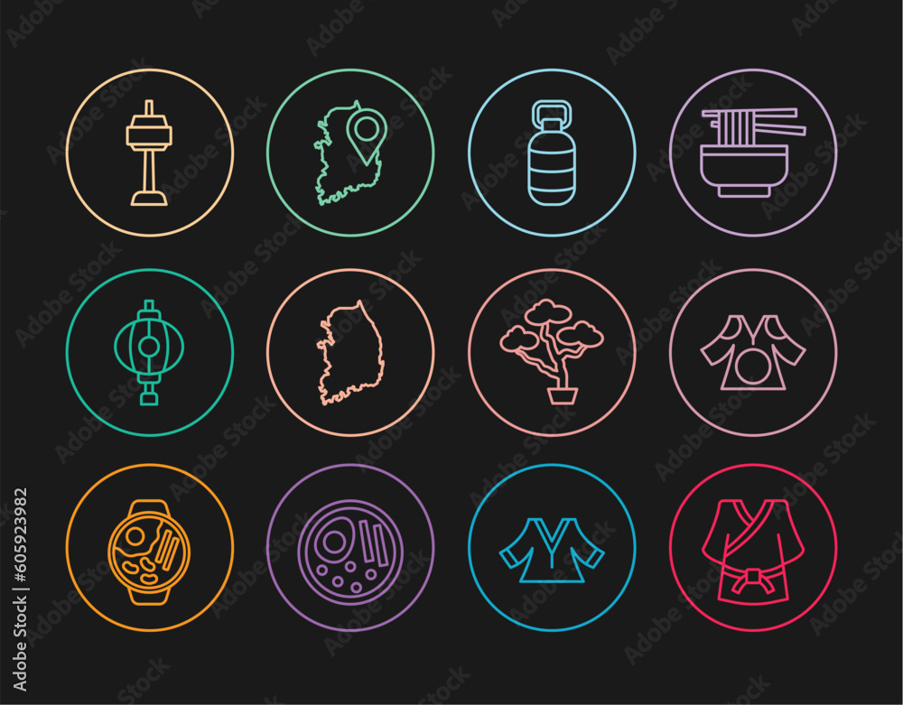 Set line Kimono, Korean lantern, South map, N Seoul tower in, Bonsai tree and icon. Vector Set line Kimono, Korean lantern, South map, N Seoul tower in, Bonsai tree and icon. Vector