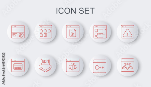 Set line Browser with shield, Search engine, Software, Debugging, files, Processor and System icon. Vector