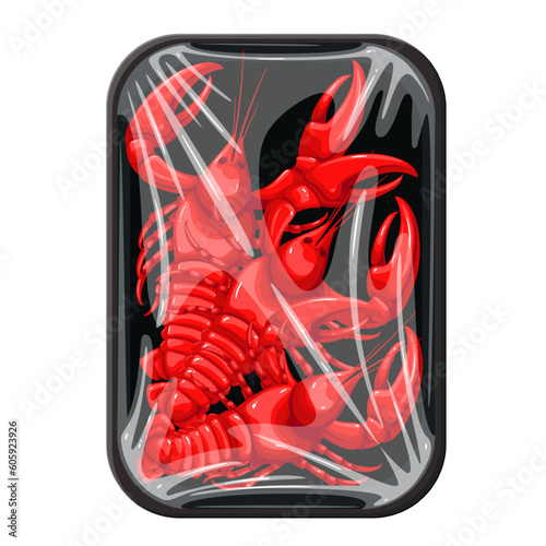 Lobsters in plastic tray vector illustration. Cartoon isolated red crawfishes with claws and tails in rectangle package with clear polythene wrap, fresh luxury langoustine and lobsters in box