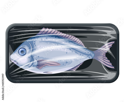 Fresh fish in plastic tray vector illustration. Cartoon isolated sea bream fish in package with transparent wrap, dorada on black rectangle styrofoam plate with polythene, supermarket container