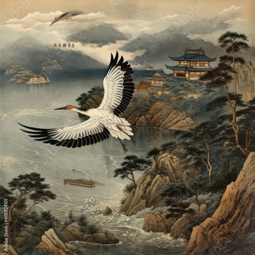 white crane is flying to the village from the sea japanese style image,genera...