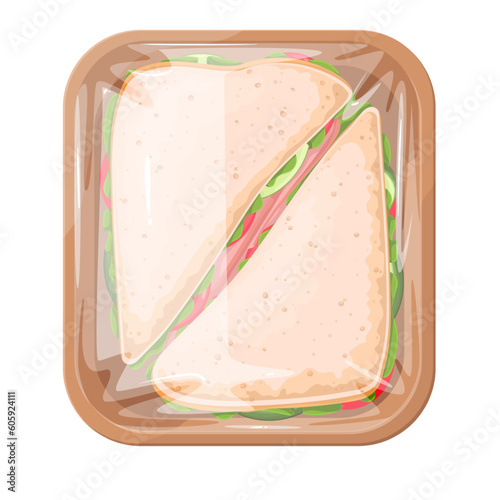 Sandwiches in plastic tray vector illustration. Cartoon isolated square vacuum container with bread toasts cut into triangles with green lettuce, meat and tomato, club sandwich in styrofoam package