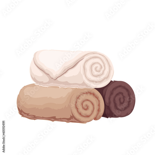 Stack of folded terry towels vector illustration. Cartoon isolated fabric rolls of brown, beige and white washcloth, fresh soft fluffy cotton towels for spa massage in beauty salon, bath or beach