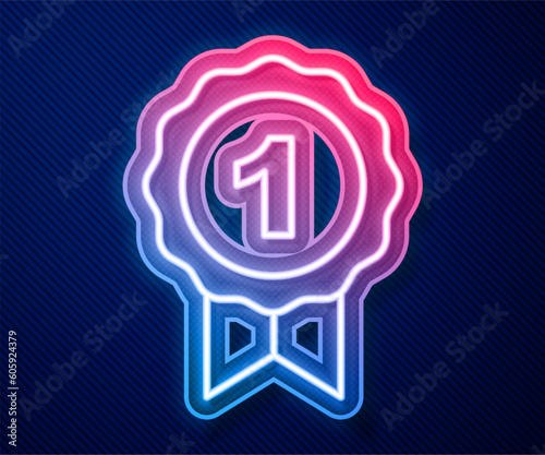 Glowing neon line Dog award symbol icon isolated on blue background. Medal with dog footprint as pets exhibition winner concept. Vector