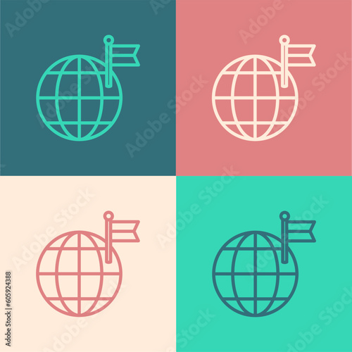 Pop art line Planet with flag icon isolated on color background. Victory, winning and conquer adversity concept. Vector