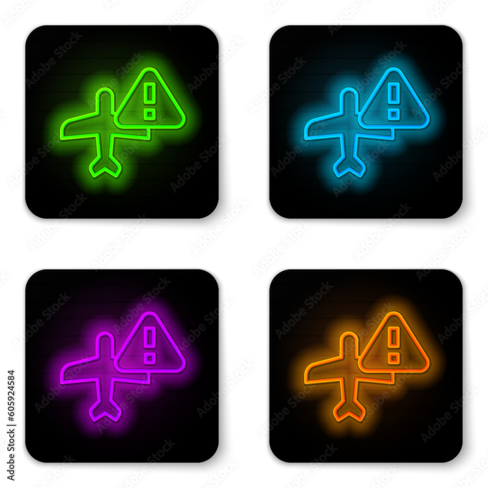 Glowing neon line Warning aircraft icon isolated on white background. Faulty plane. Flying prohibition zone. Plane is forbidden for transportation and travelling. Black square button. Vector Glowing neon line Warning aircraft icon isolated on white background. Faulty plane. Flying prohibition zone. Plane is forbidden for transportation and travelling. Black square button. Vector