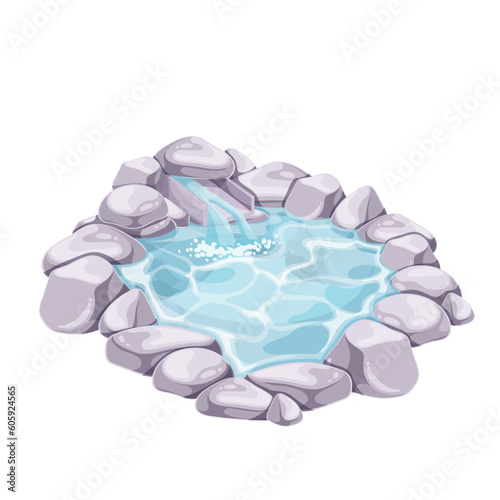 Japanese onsen pool vector illustration. Cartoon isolated pond with healthy thermal hot spring water and pile of natural pebbles and rocks in row, outdoor traditional onsen in spa resort of Japan