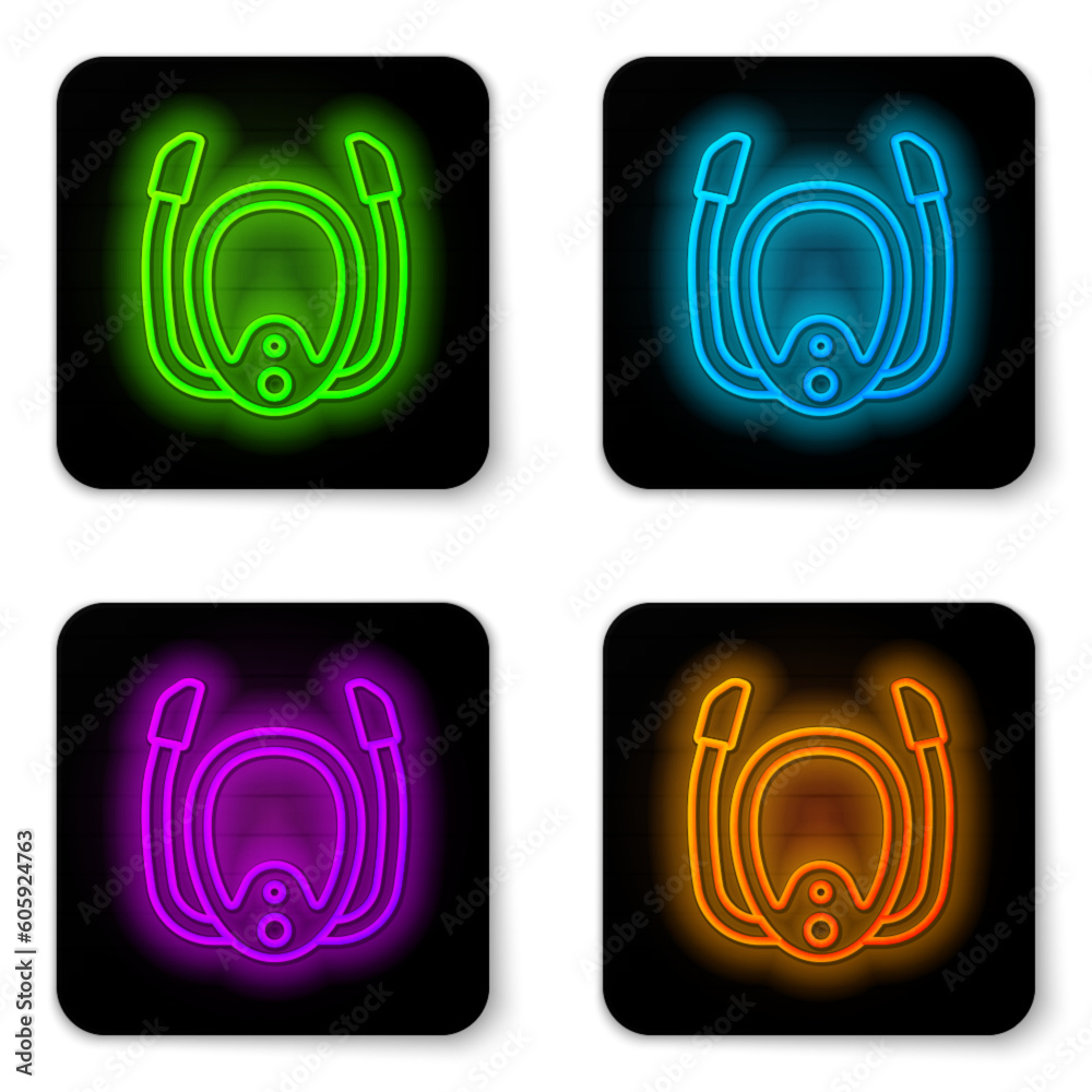 Glowing neon line Diving mask with snorkel icon isolated on white background. Extreme sport. Diving underwater equipment. Black square button. Vector Glowing neon line Diving mask with snorkel icon isolated on white background. Extreme sport. Diving underwater equipment. Black square button. Vector