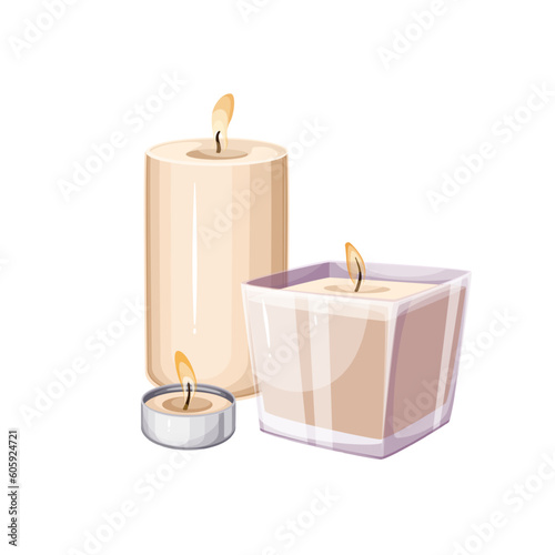 Spa candles vector illustration. Cartoon isolated wax pillar with flame on wick, scented candles in glass jar and small metal candlelight basket for aromatherapy, romantic decoration, meditation