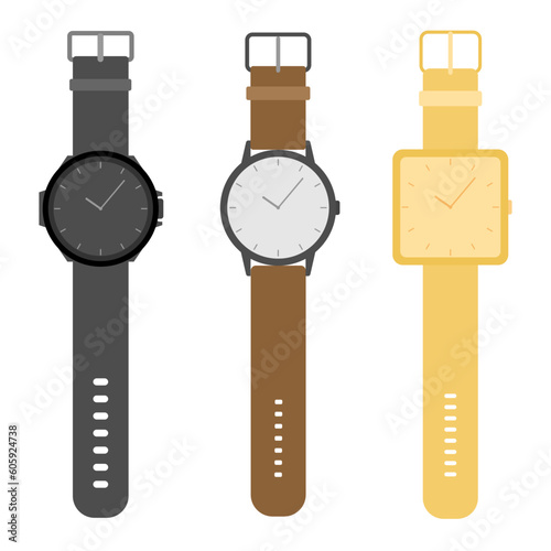 Set of modern and vintage wristwatches. Fashion design of wrist watches with silver, gold and leather straps. Men and women hand clocks.