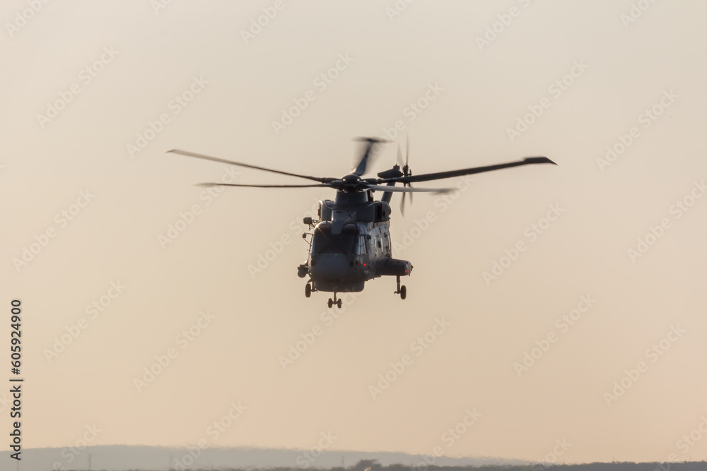Fototapeta premium Nose view of ZH851 flying out from from RNAS Culdrose in cornwall UK - stock photo